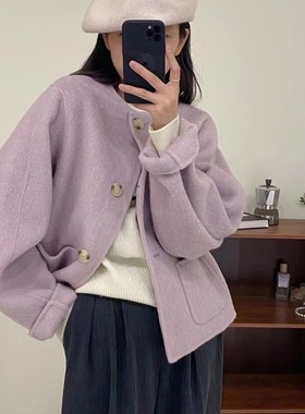 handmade紫色双面羊绒大衣女2024年新款短款圆领单排扣宽松外套潮