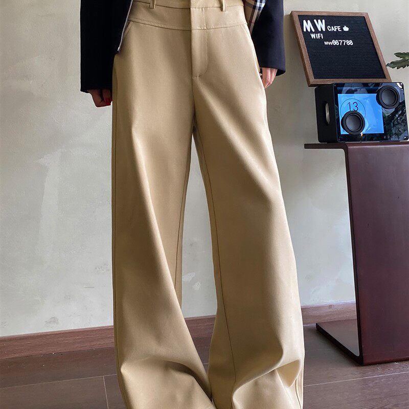 卡其色阔腿裤女2025春秋季新款高腰垂感窄版显瘦西装裤休闲直筒裤