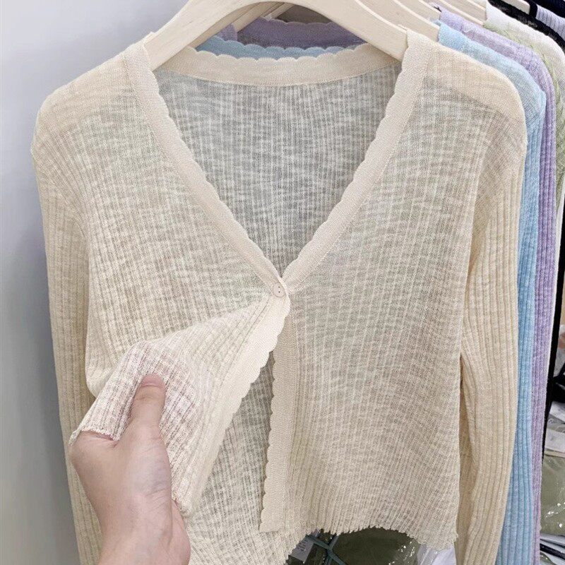 针织冰丝开衫短款长袖夏季春秋外搭空调衫防晒衣小披肩上衣女罩衫