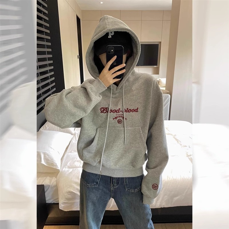 美式灰色短款连帽卫衣女春秋2025新款慵懒加厚女款小个子上衣外套