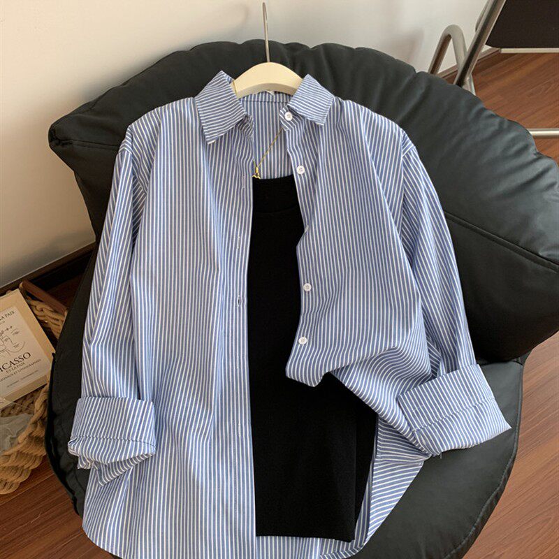 胖妹妹蓝白条纹polo领2025年新款长袖外套衬衫女宽松薄款防晒上衣
