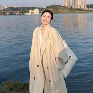 燕麦色双面羊绒大衣女中长款2024秋冬季高级感小个子加厚毛呢外套