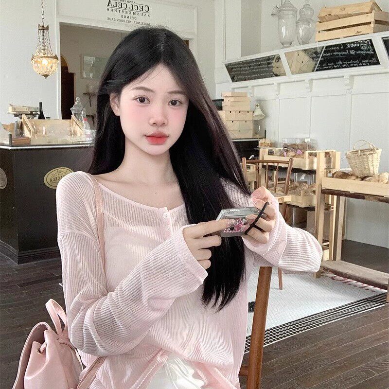 设计感后背镂空系带粉色T恤长袖防晒罩衫女夏季小众显瘦薄款上衣