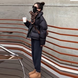 黑色白鸭绒羽绒服女短款小个子立领哑光亮面冬2024年新款韩系外套