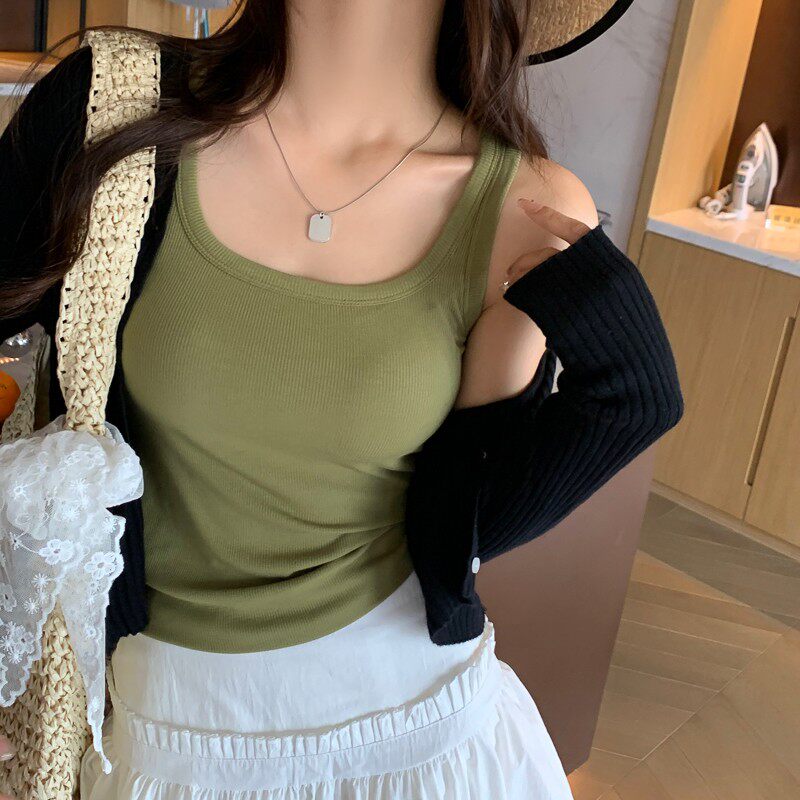 白色方领吊带背心女夏新款外穿宽肩带胸垫一体遮副乳内搭打底上衣