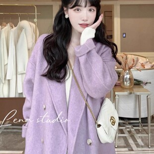 紫色双面羊绒大衣女中长款2024冬季新款气质温柔风小个子毛呢外套