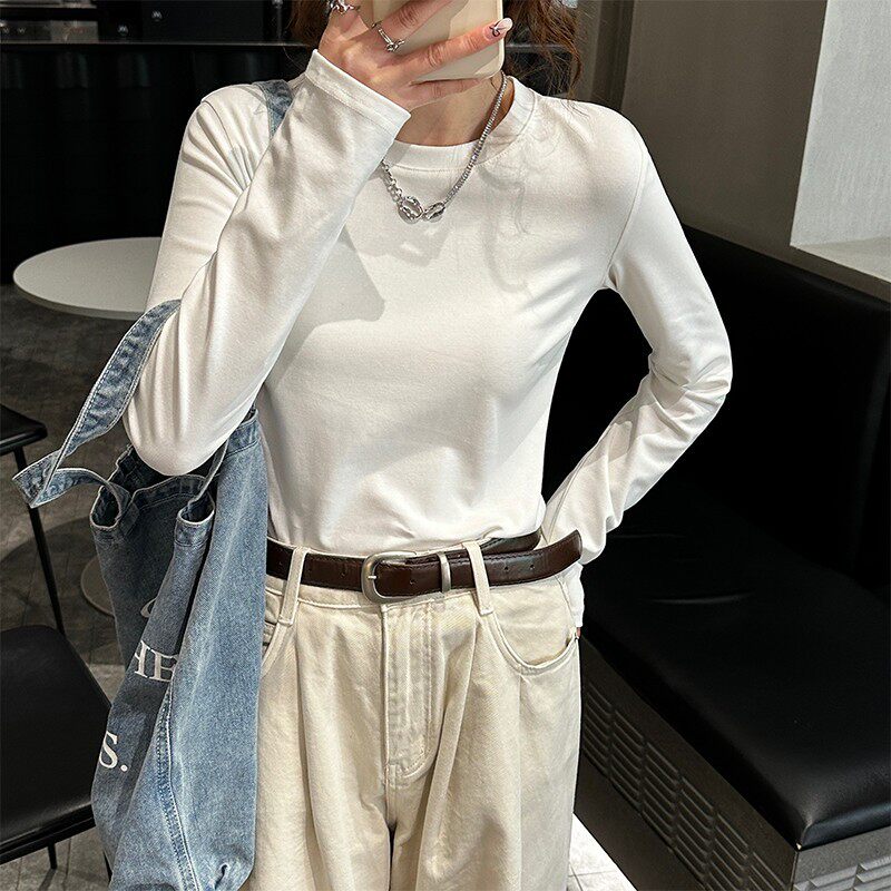 白色t恤女长袖春秋2025年新款圆领打底衫内搭纯棉正肩基础款上衣
