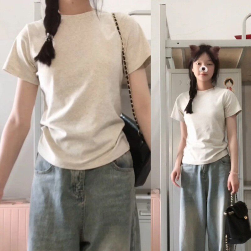 正肩女T恤短袖夏季2025新款修身美式复古辣妹短款设计感小众上衣