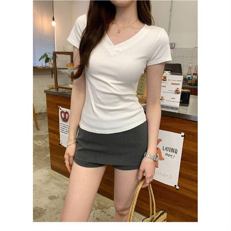 PPHOME气质正肩v领短袖t恤女夏季基础款纯色修身显瘦打底白色上衣