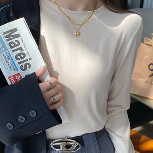 新款 2025春秋季 白色圆领修身 长袖 莫代尔女士底裤 t恤搭配西式 衬衫
