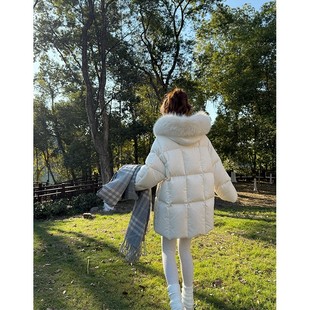 粉色羽绒服冬连帽轻薄大毛领中长款小个子面包服外套