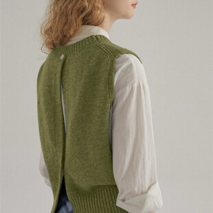 果绿色圆领针织毛衣马甲女春秋外搭衬衫叠穿设计感无袖背心马夹冬