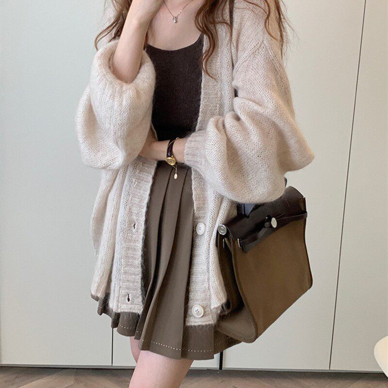 泡泡袖杏色针织外套开衫女早春薄款宽松慵懒风日系复古马海毛毛衣