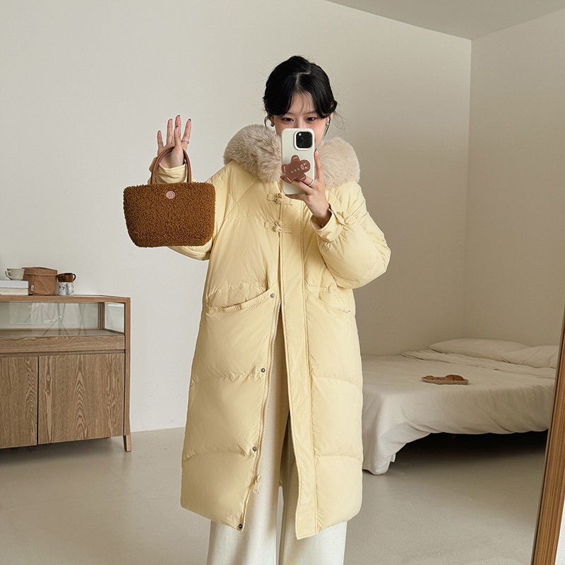 2024狐狸毛领羽绒服女冬季新款中式盘扣白鸭绒加厚中长款过膝外套