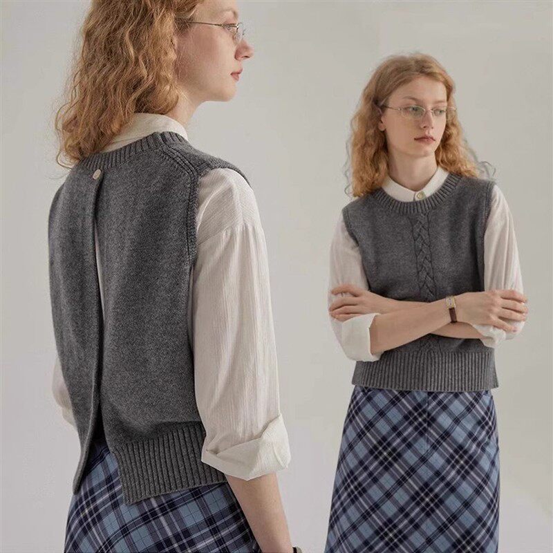 灰色圆领针织毛衣马甲女秋冬季外搭衬衫叠穿软糯无袖短款背心马夹