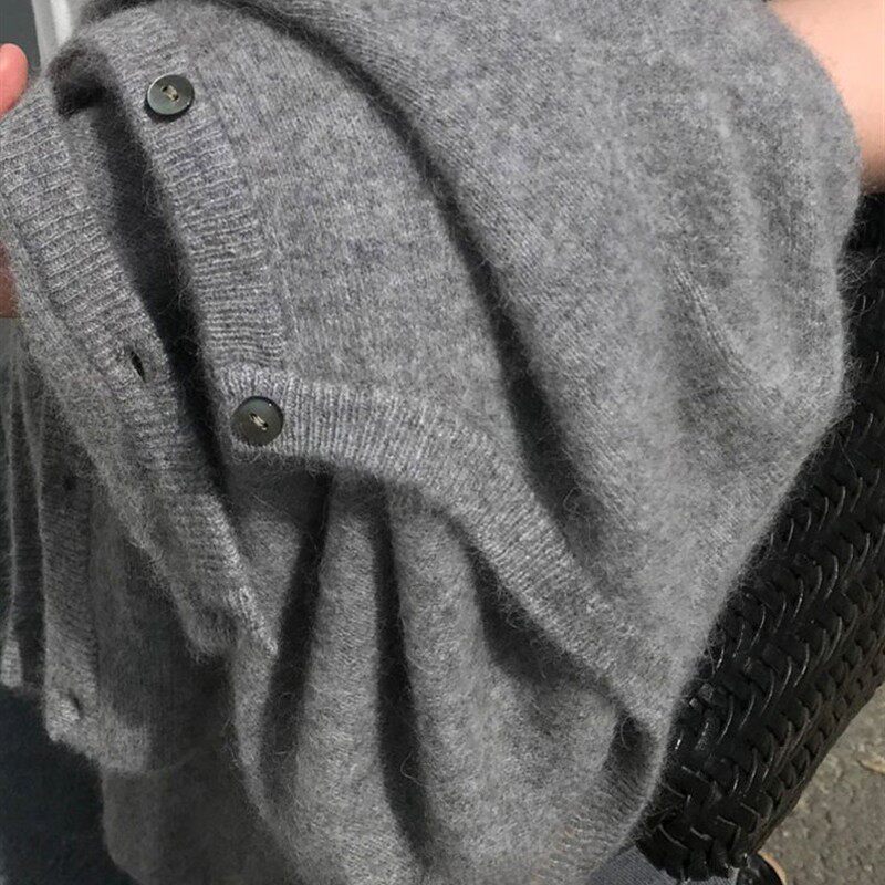 灰色羊绒毛衣开衫外套女秋小个子圆领针织衫短款叠穿温柔纯色上衣