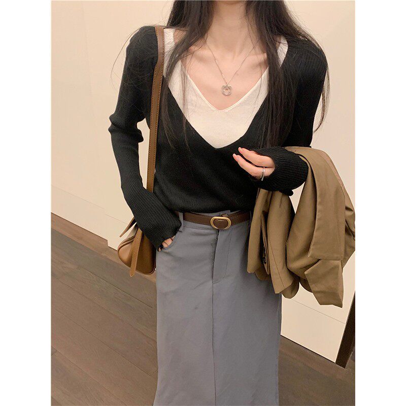 大领口V领针织衫女内搭春秋宽松黑色打底衫设计感假两件长袖上衣