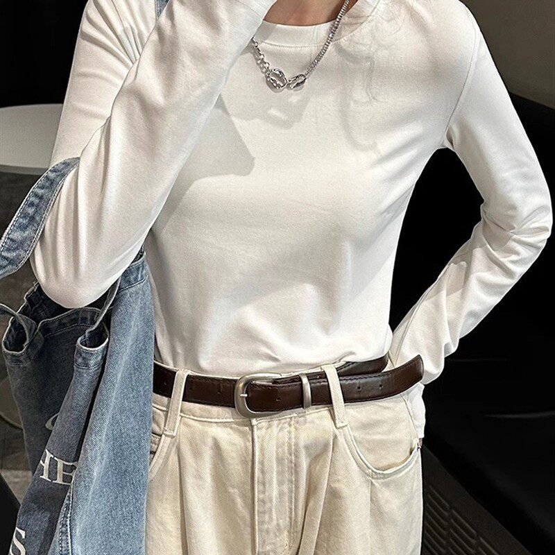 圆领白色内搭长袖打底衫正肩t恤女春秋薄款宽松纯棉百搭体恤上衣