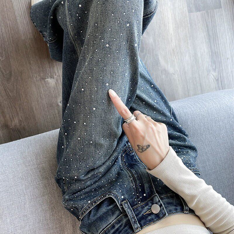 烫钻窄版阔腿牛仔裤女春秋新款高腰设计感闪钻高个子加长直筒裤子