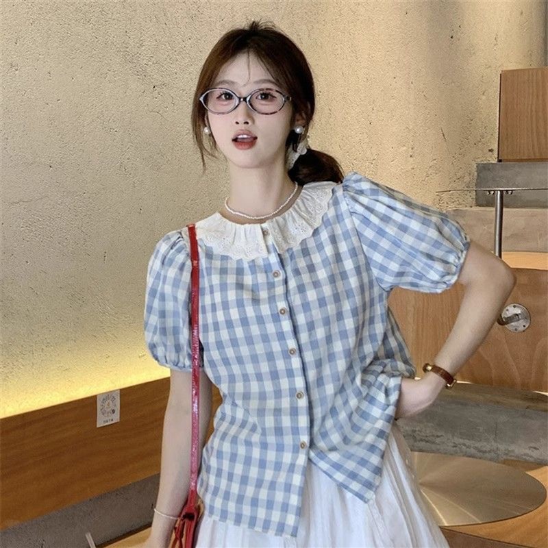蓝色格子衬衫女短袖夏季日系泡泡袖娃娃领小衫女法式小资别致上衣