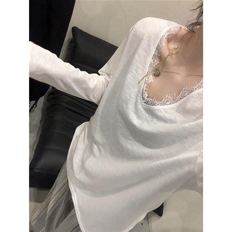 竹节棉V领蕾丝边长袖女春秋季纯欲chic松弛感慵懒打底上衣白色t恤