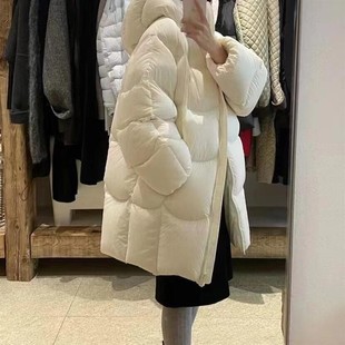 Hello家羽绒服女中长款茧型简约连帽花苞宽松加厚外套冬2024新款