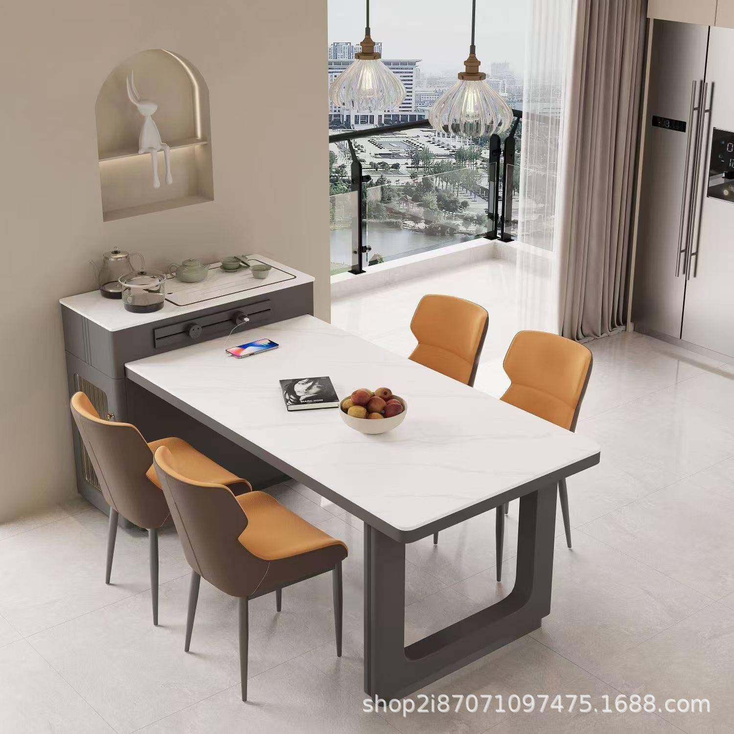 约奶油伸缩岛台板茶岩桌餐桌一体餐桌JPV椅奢组轻合简家用现代小