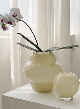 北欧奶黄色居OEH玻感璃花瓶摆件家客厅餐花桌高级中古软装水培鲜