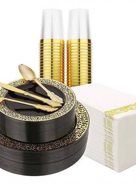 175个装一次性餐盘金边盘盘杯套刀叉勺黑底镂空P玫瑰金边S硬塑料