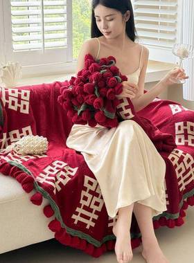 囍计字手工针织感玫瑰WZM花束毯子结婚订婚送礼毛毯披肩闲毯休设