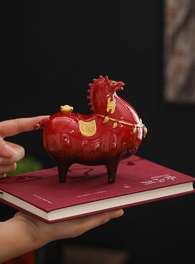 新瓷中式桌红色陶马唐马摆件家居客YUK厅小办公室面马生肖马开业