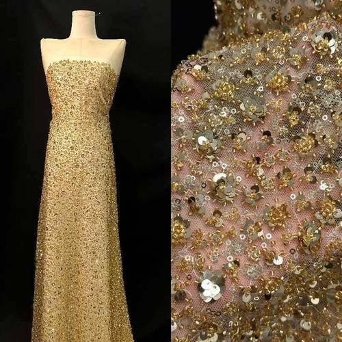 小梅花绣晚花面料珠管绣亮片绣童面料7418舞台演出服礼面服亮裙片