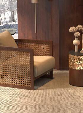 代简古约藤编单人椅小户型台单人沙发藤编67154中阳风现实木休闲