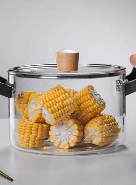 高硼玻璃汤明锅炖锅木把升锅透带盖奶锅双耳明大火容量玻硅4589璃