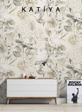 景atia美式花朵墙布手绘艺术壁纸法式客yDSK厅高档电视K背墙2023