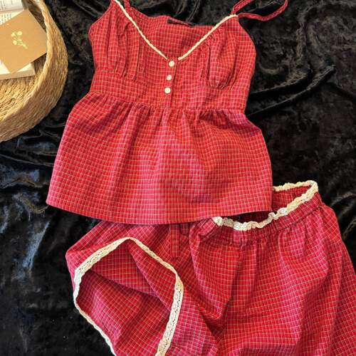 Sin Glee 韩系红格纹蕾丝边吊带睡衣女夏季休闲短裤家居服两件套