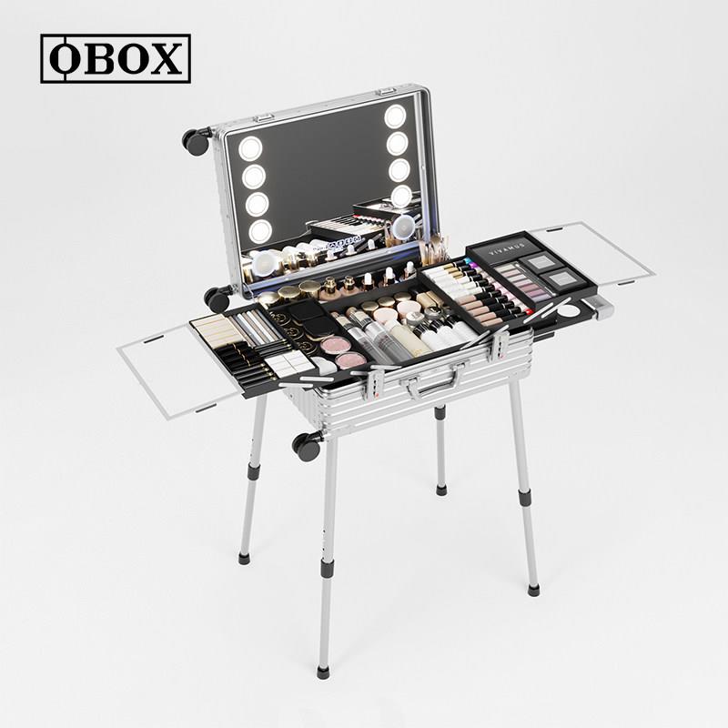 OBOX专业化妆箱大容量可携式铝镁合金带灯镜子化妆师专用24寸跟妆