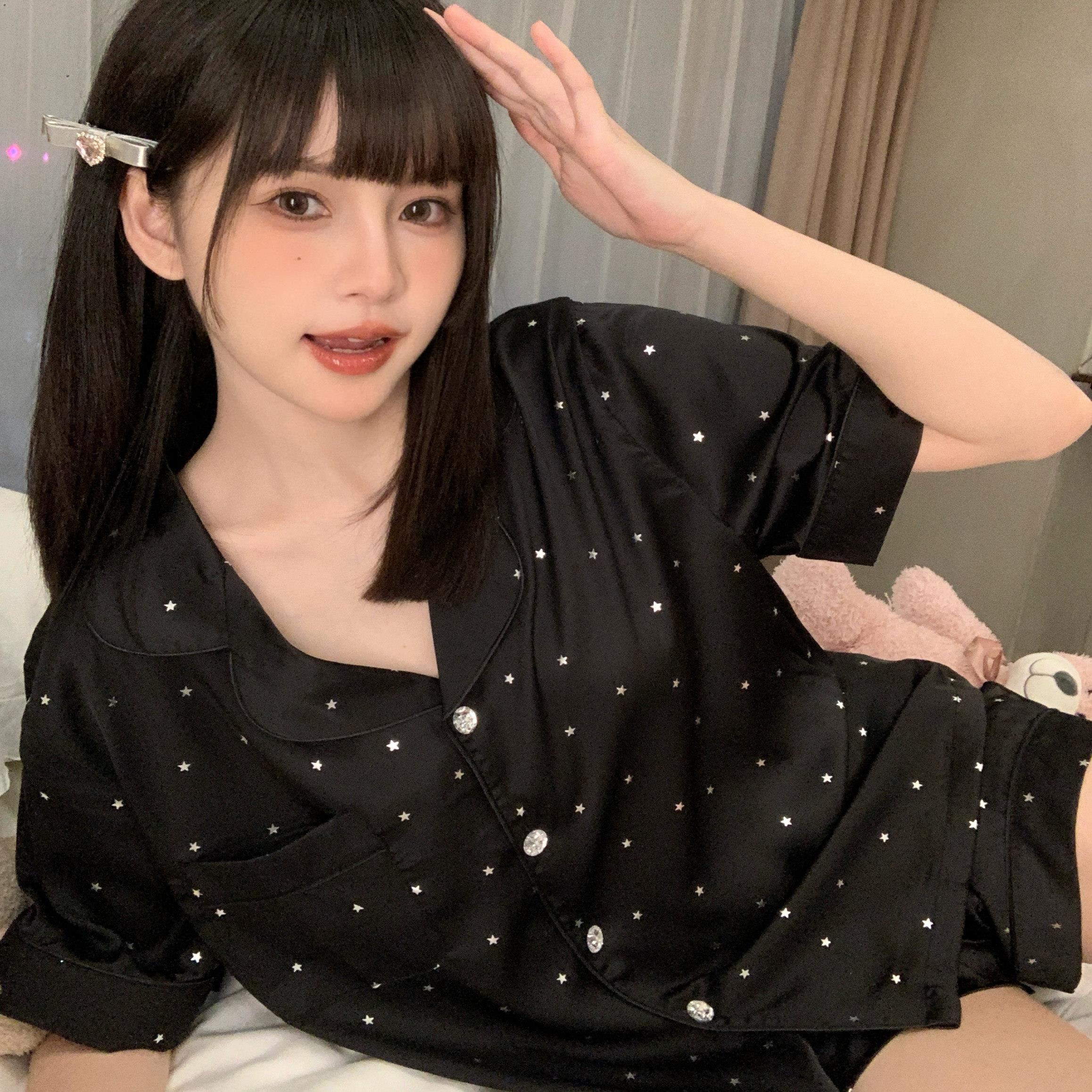 黑色星星高级感冰雪丝睡衣女士夏季短袖薄款冰丝绸家居服套装夏天