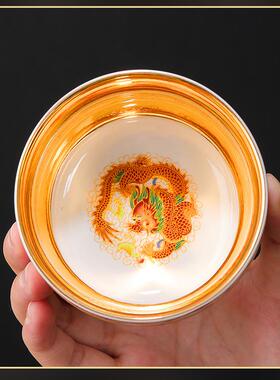 4K金龙凤建盏杯茶杯NMV羊脂鎏金品茗杯陶瓷功夫玉茶具杯轻2奢丝复