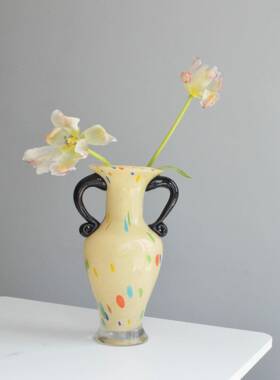 式复古奶黄色工琉插璃花瓶复古风客DMG法厅摆件手卧室花鲜花花器