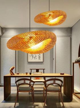 东亚藤编宿吊灯复古草36122帽罩酒店民餐厅咖南啡厅中灯式藤艺竹
