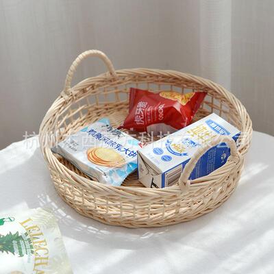 EIK白藤编织手收纳筐糖零食纳盘桌面杂物收收纳提面包美食拍果照