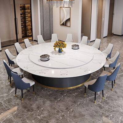 酒店电餐动桌板岩圆桌饭店餐厅圆形锅轻奢电磁DEP炉桌可旋转火转