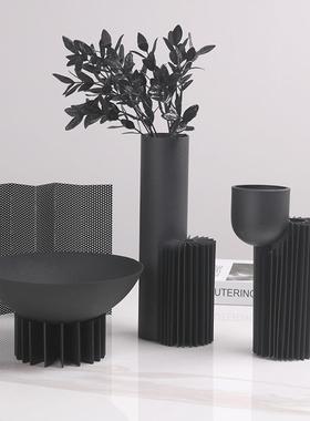 简约叶现代创意黑色金螺纹百器插花CLM花果盘玄关客厅组合装属饰