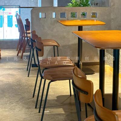 古DDJ实木斜边酒桌工业风桌吧咖啡店软包椅复子中古色小桌子长四