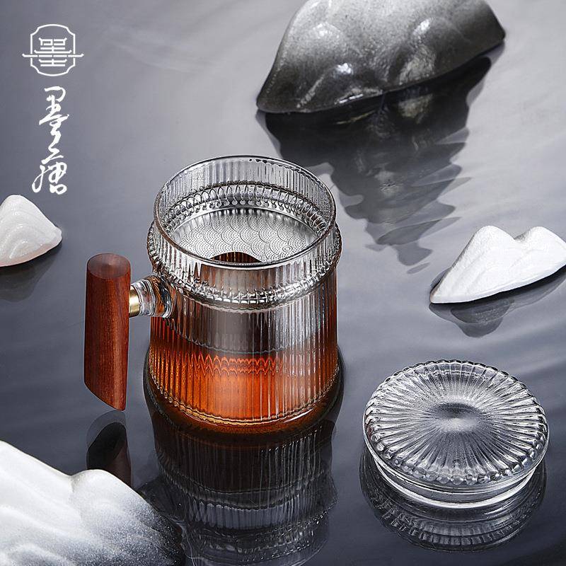 晨华玻璃过滤茶杯办公室茶水分离泡茶杯单层隔热花茶杯有盖带手把