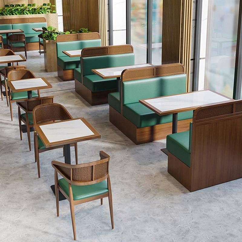 餐饮饭店面馆商用餐厅实木卡座沙发双人长椅藤编靠背创意清吧卡坐