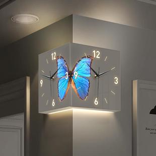 蝴蝶双面转角挂钟家用客厅墙面拐角夜光免打孔墙角壁钟led壁画灯