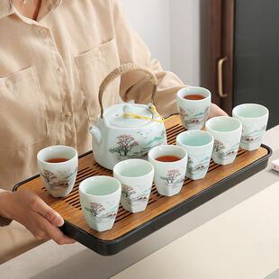 提梁壶茶具套装家用简约浮雕手绘大茶壶杯不锈钢过滤乌金石茶盘托