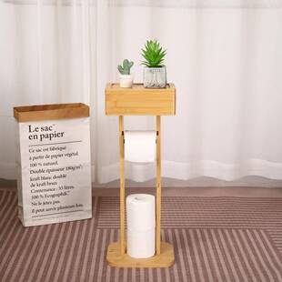 家用简约竹制卫生室纸旋架浴落地式杂物收纳架可转置物架卫生间纸